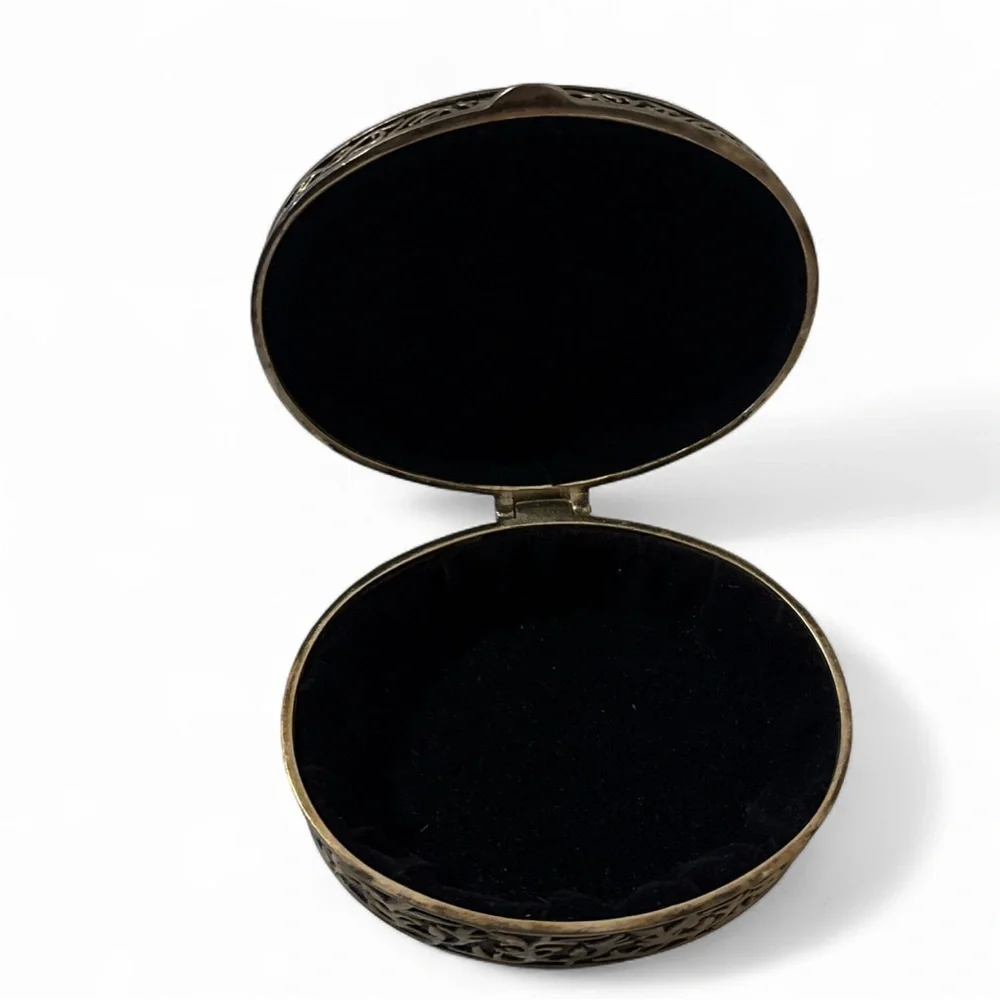 Vintage Oval Metal Trinket Jewelry Box Embossed Scrollwork Velvet Lined